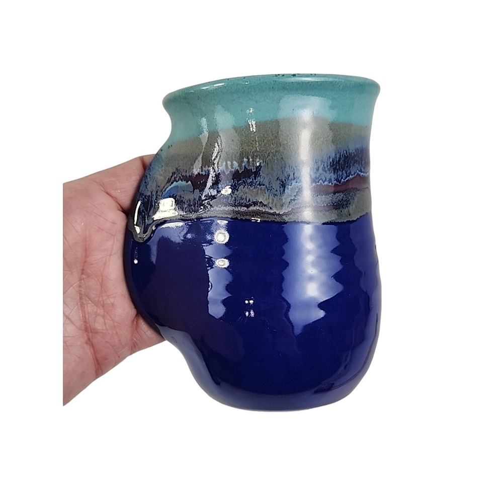 Hand Thrown Studio Art Pottery Blue Drip Glaze Mug w Hidden Handle Artist Signed